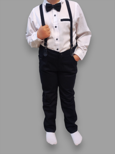 Fiú alkalmi szett – Sötétkék nadrág, fehér ing, csokornyakkendő és nadrágtartó (4 részes)