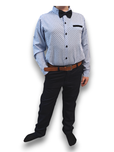 Fiú alkalmi szett – Sötétkék nadrág, világoskék ing, csokornyakkendő és elegáns öv (4 részes)