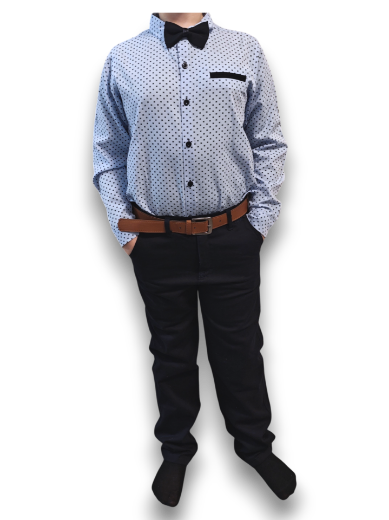 Fiú alkalmi szett – Sötétkék nadrág, világoskék ing, csokornyakkendő és elegáns öv (4 részes)