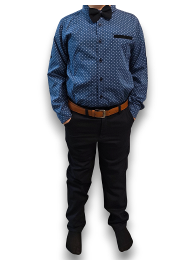 Fiú alkalmi szett – Sötétkék nadrág, kék ing, csokornyakkendő és elegáns öv (4 részes)
