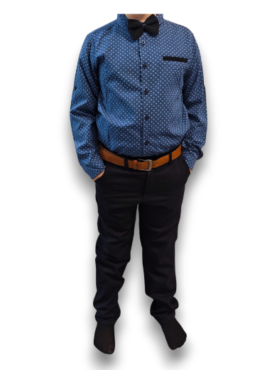 Fiú alkalmi szett – Sötétkék nadrág, kék ing, csokornyakkendő és elegáns öv (4 részes)