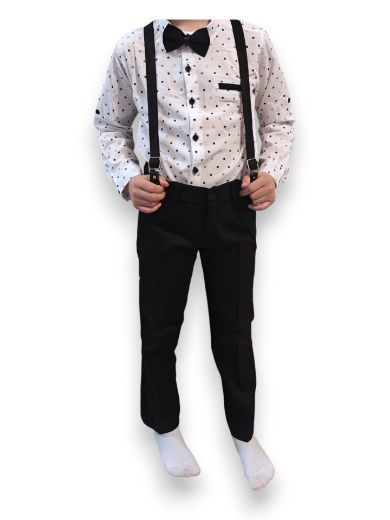 Fiú alkalmi szett – Fekete nadrág,  fehér ing, csokornyakkendő és nadrágtartó (4 részes)