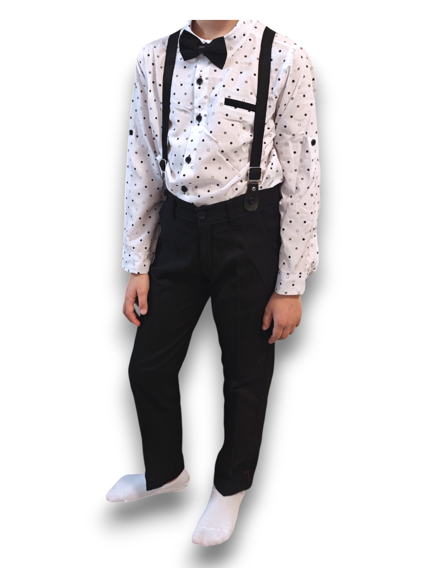 Fiú alkalmi szett – Fekete nadrág,  fehér ing, csokornyakkendő és nadrágtartó (4 részes)